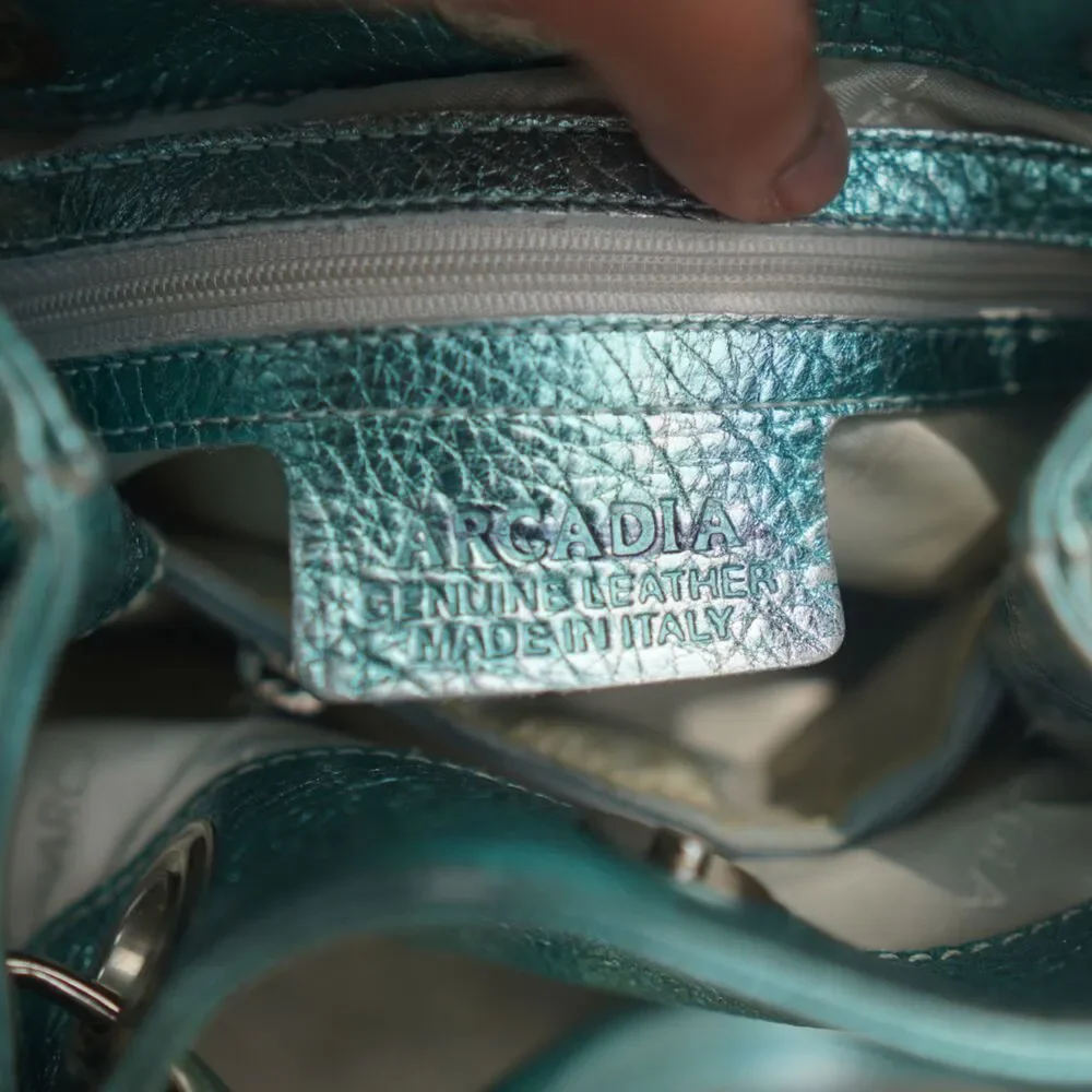 Arcadia Italy Metallic Turquoise Leather Grommet Shoulder Bag Y2K Vintage RARE
